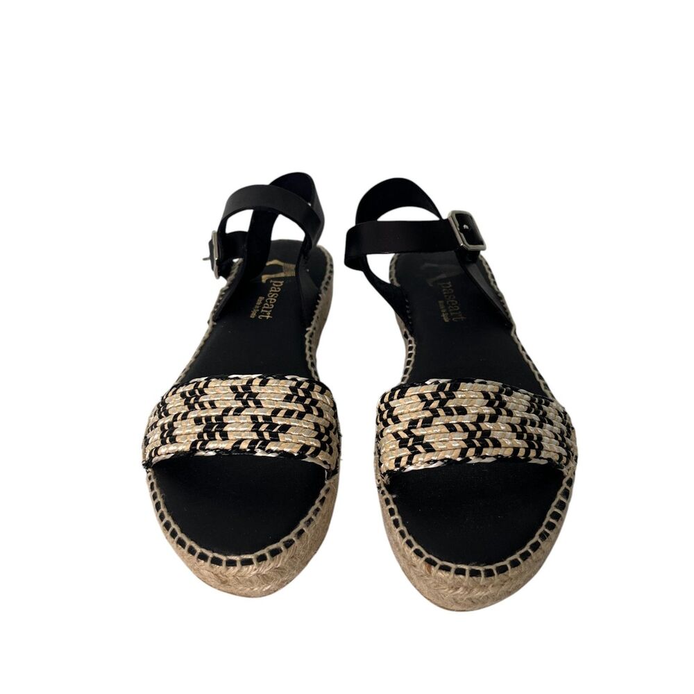 Paseart Women's Espadrille Platform Sandals Sz 39 US 8.5 Black Tan Interwoven - Picture 2 of 9